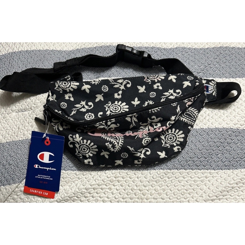 CHAMPION AVERY WAIST Fanny‎ PACK 'Handkerchief' Black/White Pattern Pink Logo